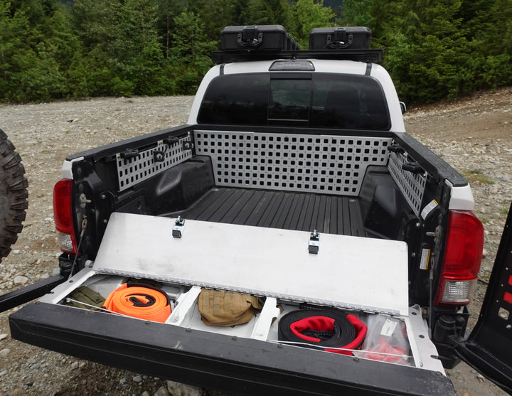 Tacoma truck bed with storage in the tailgate. Featuring BPFs tailgate storage panel for the 3rd gen Tacoma&