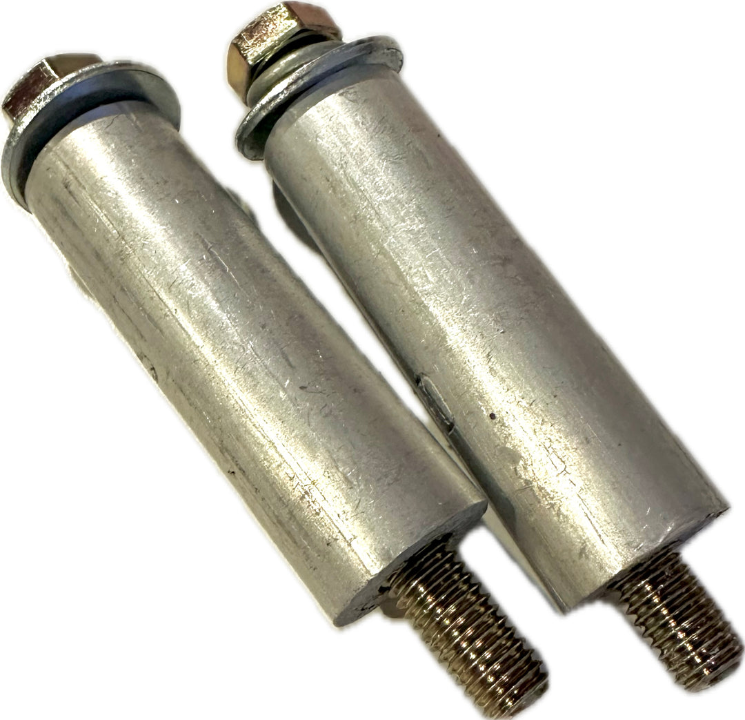 Two metal bolts with washers and hex nuts, shown close-up, designed as BPF Replacement Skid Plate Hardware for durable vehicle protection.