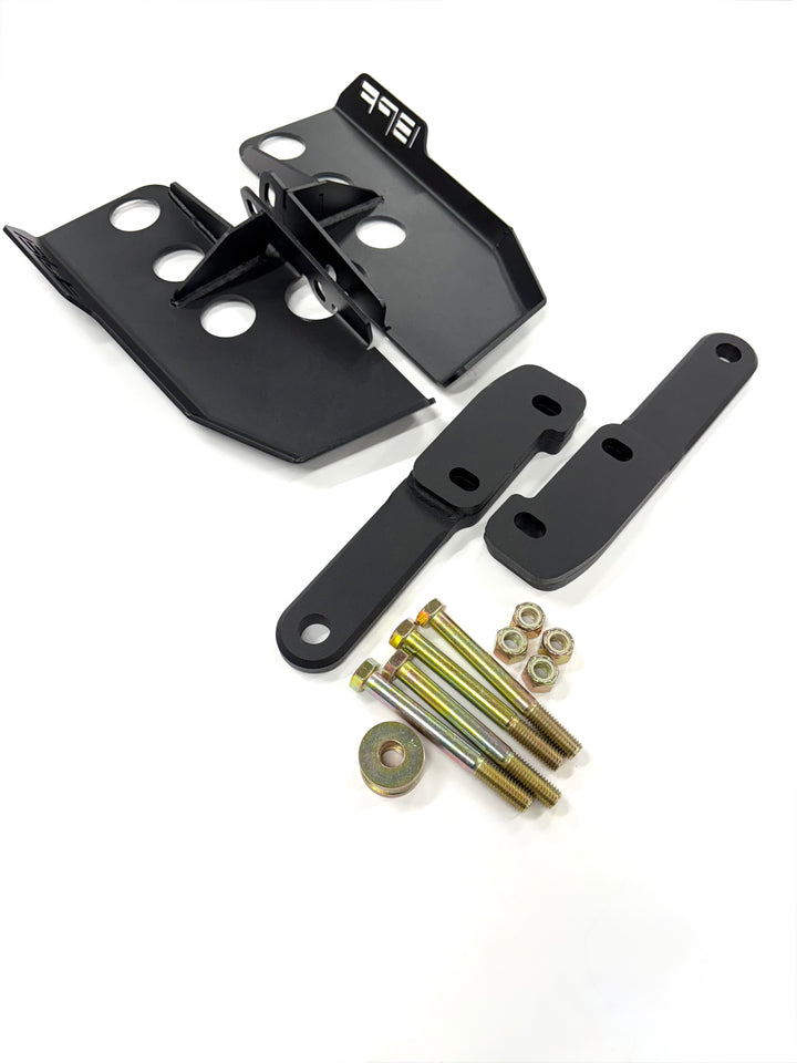 BPF 4th gen Tacoma rear tow hooks with integrated skid plates shown with hardware bolts and nuts, designed for heavy-duty truck recovery and overlanding gear.