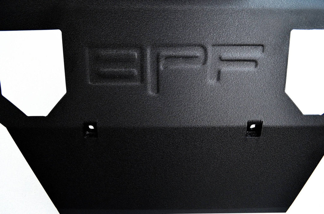 Close-up view of a powder-coated, CNC fabricated steel BPF 2005-2015 Toyota Tacoma Skid Plate with embossed BPF logo designed for heavy-duty off-road protection.