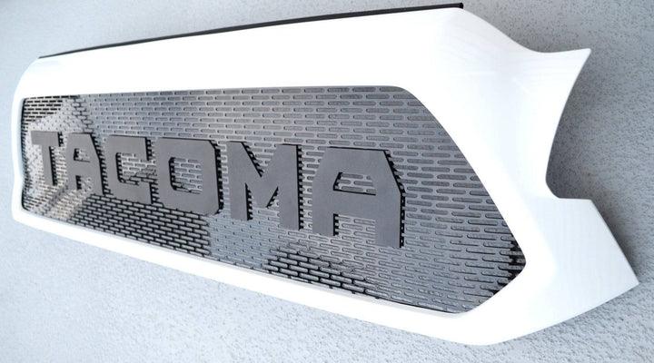 BPF Completed 2012-2015 Toyota Tacoma Grill in white with black honeycomb mesh and bold Tacoma lettering designed for OEM fitment and durable truck customization.