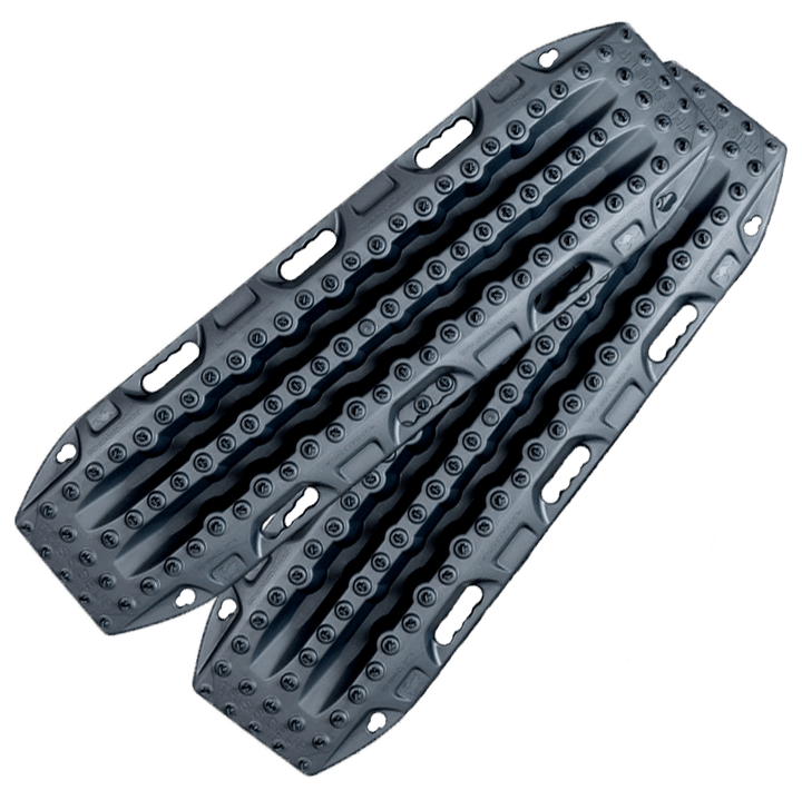 MAXTRAX MKII heavy-duty recovery traction boards in durable black material with textured surface and multiple handles for off-road vehicle tire traction and rescue situations.