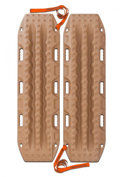 Two tan MAXTRAX MKII recovery boards with textured traction cleats and integrated handles, each featuring bright orange straps for easy carrying and securing.