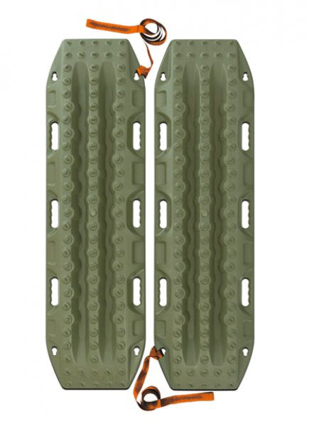 MAXTRAX MKII recovery boards in olive green with multiple grip points and integrated handles, designed for off-road vehicle traction and recovery use.