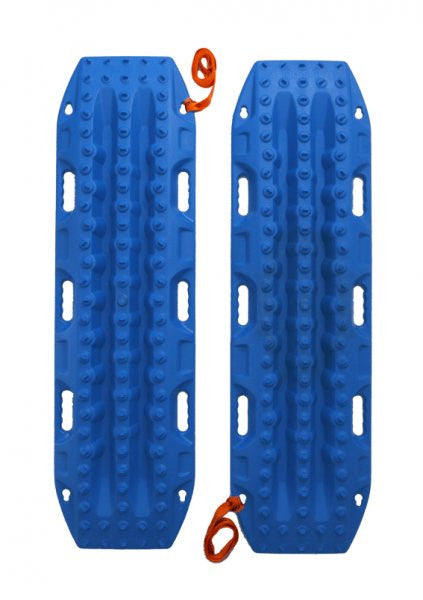 Pair of blue MAXTRAX MKII recovery traction boards with molded grip patterns and orange carry straps designed for off-road vehicle recovery and traction enhancement.
