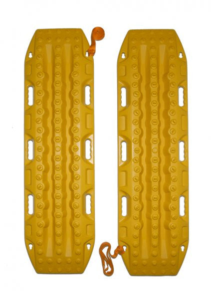 Two bright yellow MAXTRAX MKII traction boards with textured surfaces and multiple handles for off-road vehicle recovery in sandy or muddy terrain.