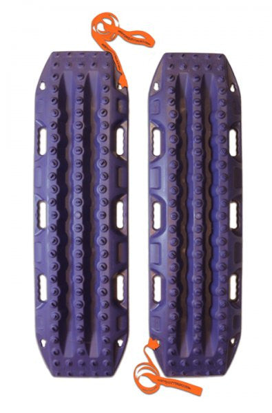 Pair of durable purple MAXTRAX MKII recovery boards with raised traction patterns and built-in handles, featuring bright orange quick-release straps for secure off-road vehicle recovery.