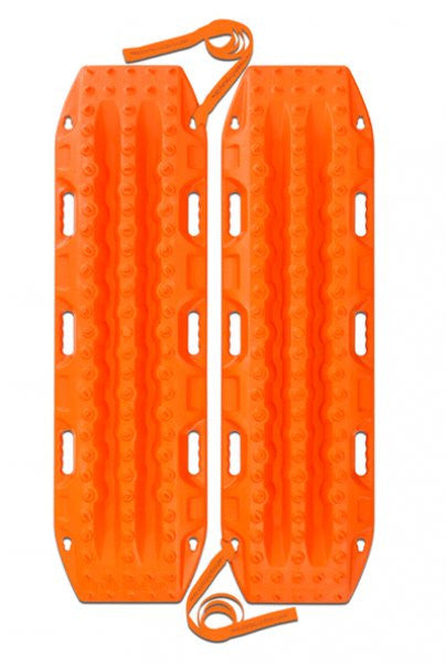 MAXTRAX MKII bright orange recovery boards with textured grip surfaces and multiple handles for vehicle traction in off-road or stuck conditions.